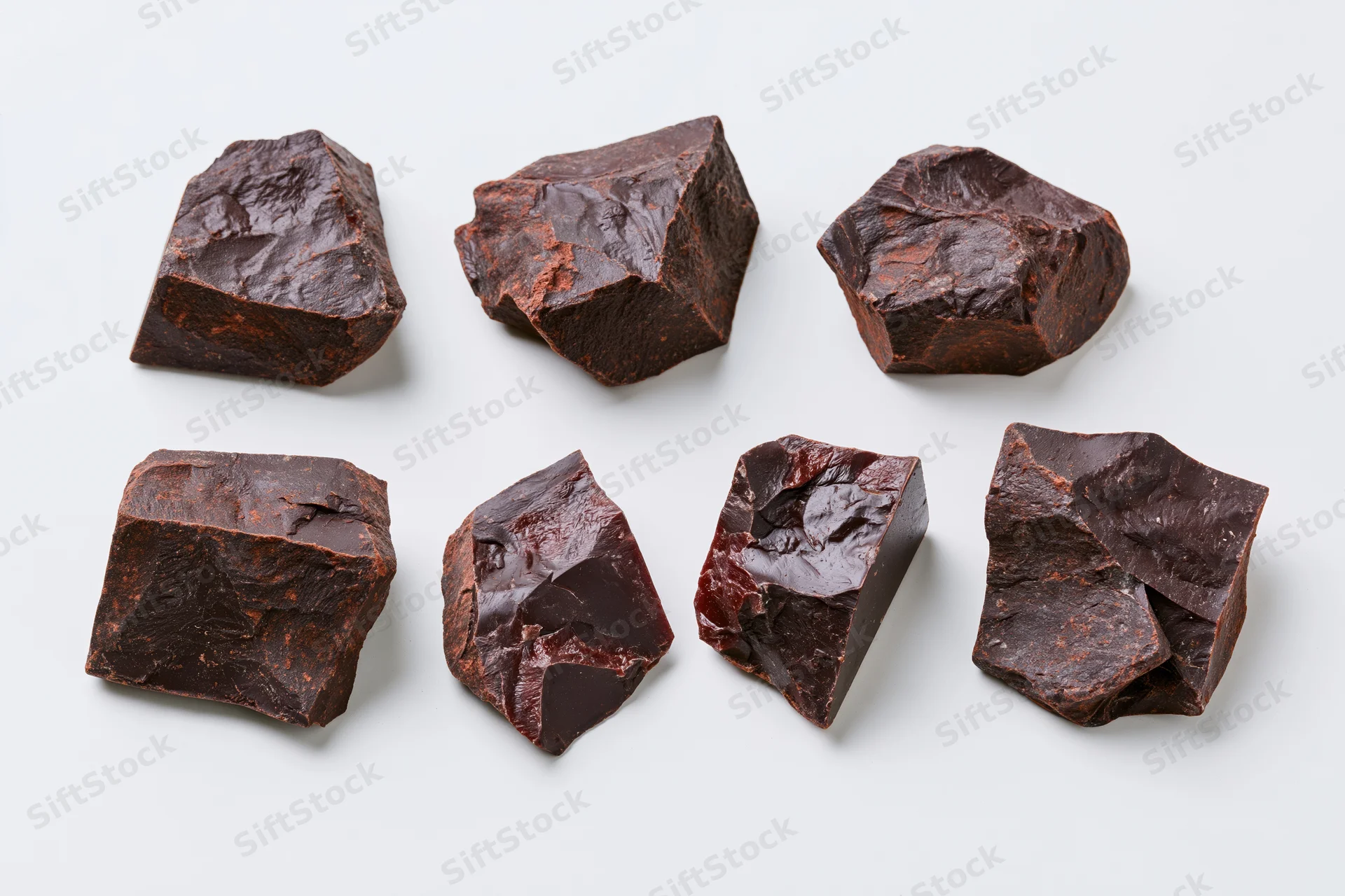 Seven rough-broken dark chocolate chunks arranged in two rows on a white surface