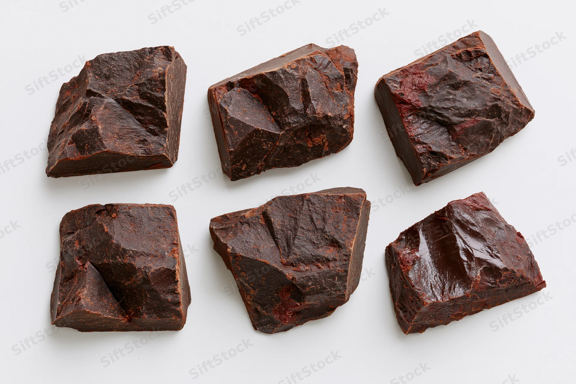 Six rough-broken dark chocolate chunks arranged in two rows on white background