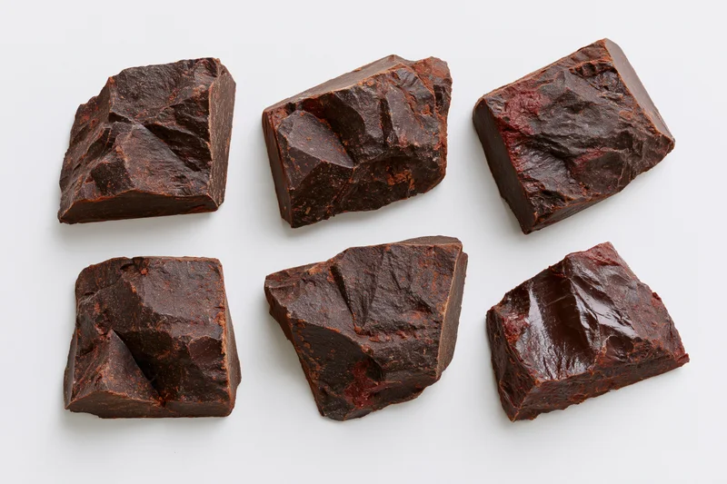 Six rough-broken dark chocolate chunks arranged in two rows on white background