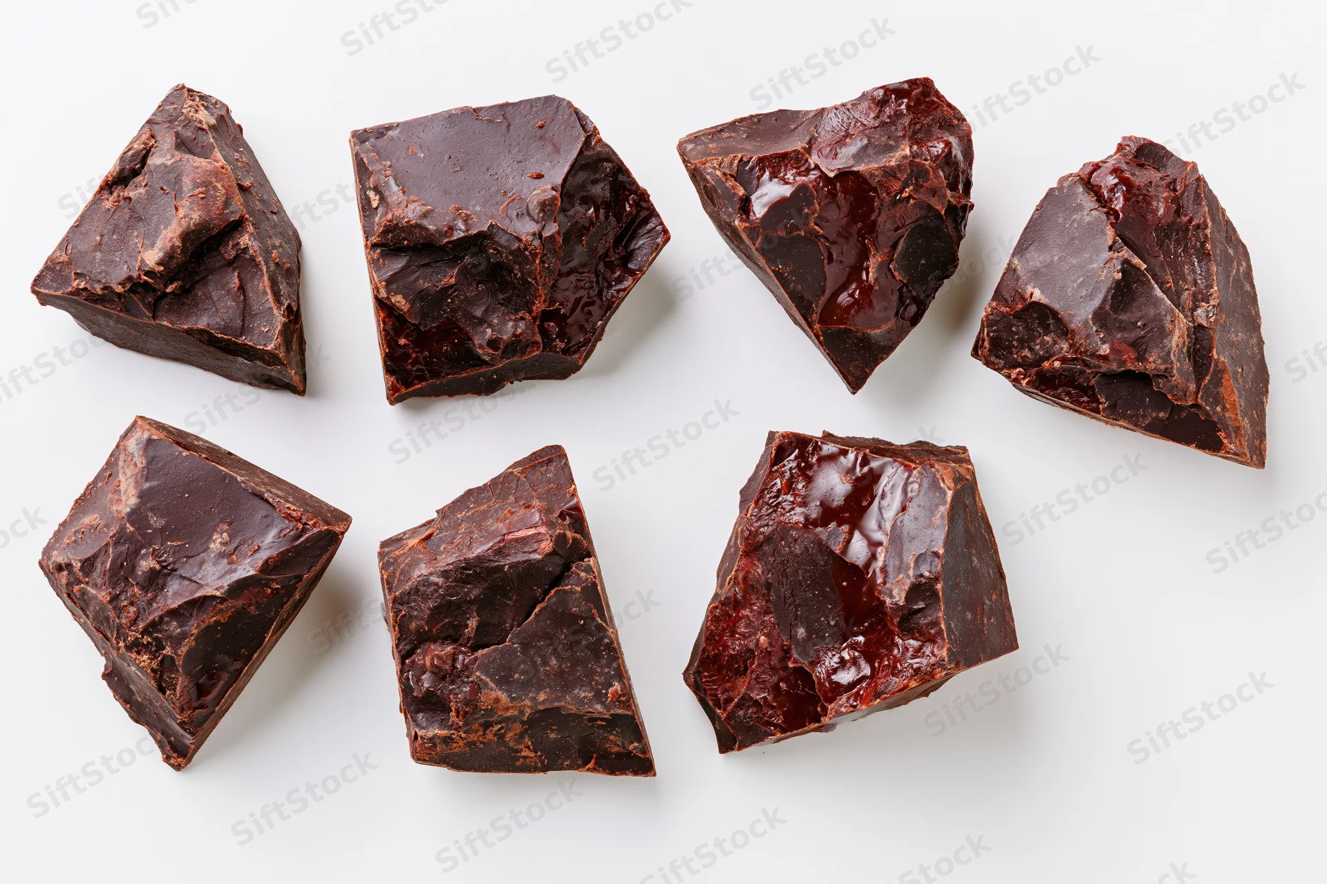 Seven rough-broken dark chocolate chunks arranged in two rows on white background