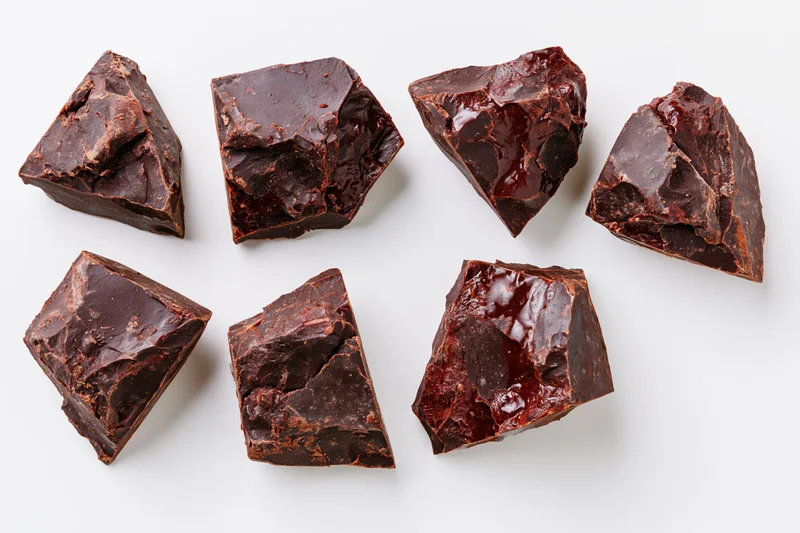 Seven rough-broken dark chocolate chunks arranged in two rows on white background