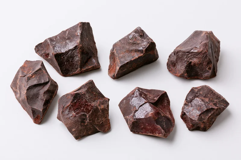 Dark chocolate chunks arranged in two rows on white background