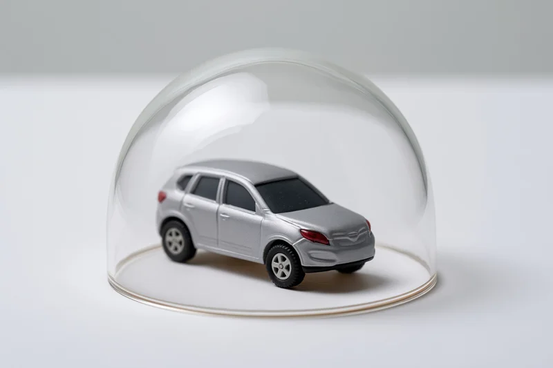 Silver toy suv model under a clear glass dome on white surface