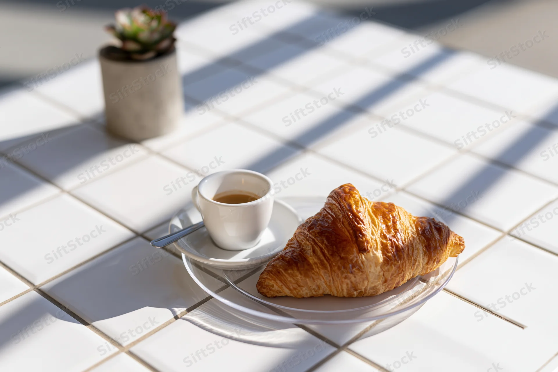 Golden croissant and espresso cup on a white tiled table with sunlight and shadows