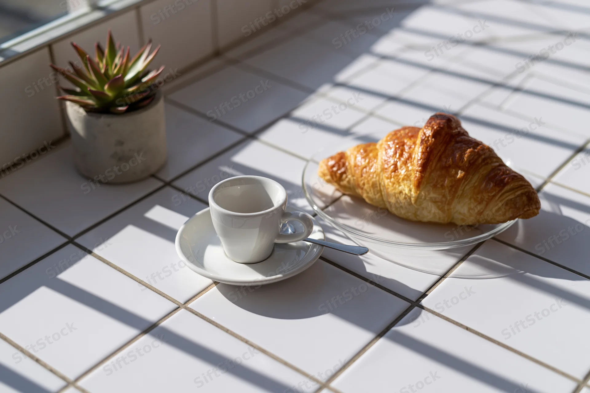 Croissant and espresso cup on tiled windowsill with sunlight and shadows