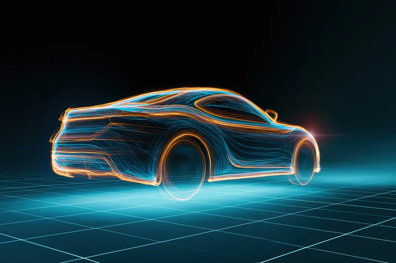 Glowing light trail outline of a sports car on a digital grid floor