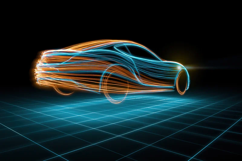 Glowing light trails forming a sports car outline on a digital grid floor