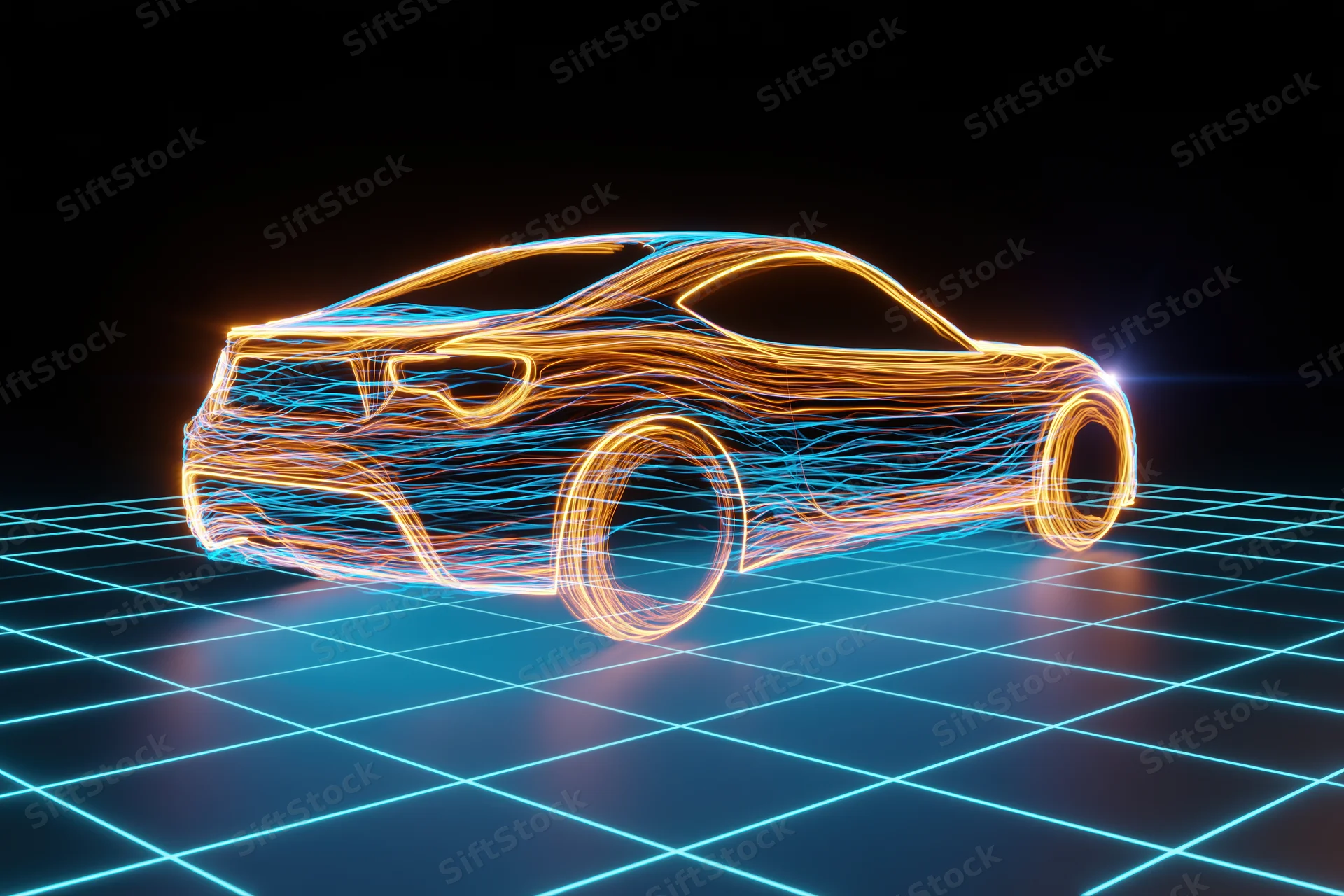 Glowing light trails forming a sports car outline on a blue grid floor