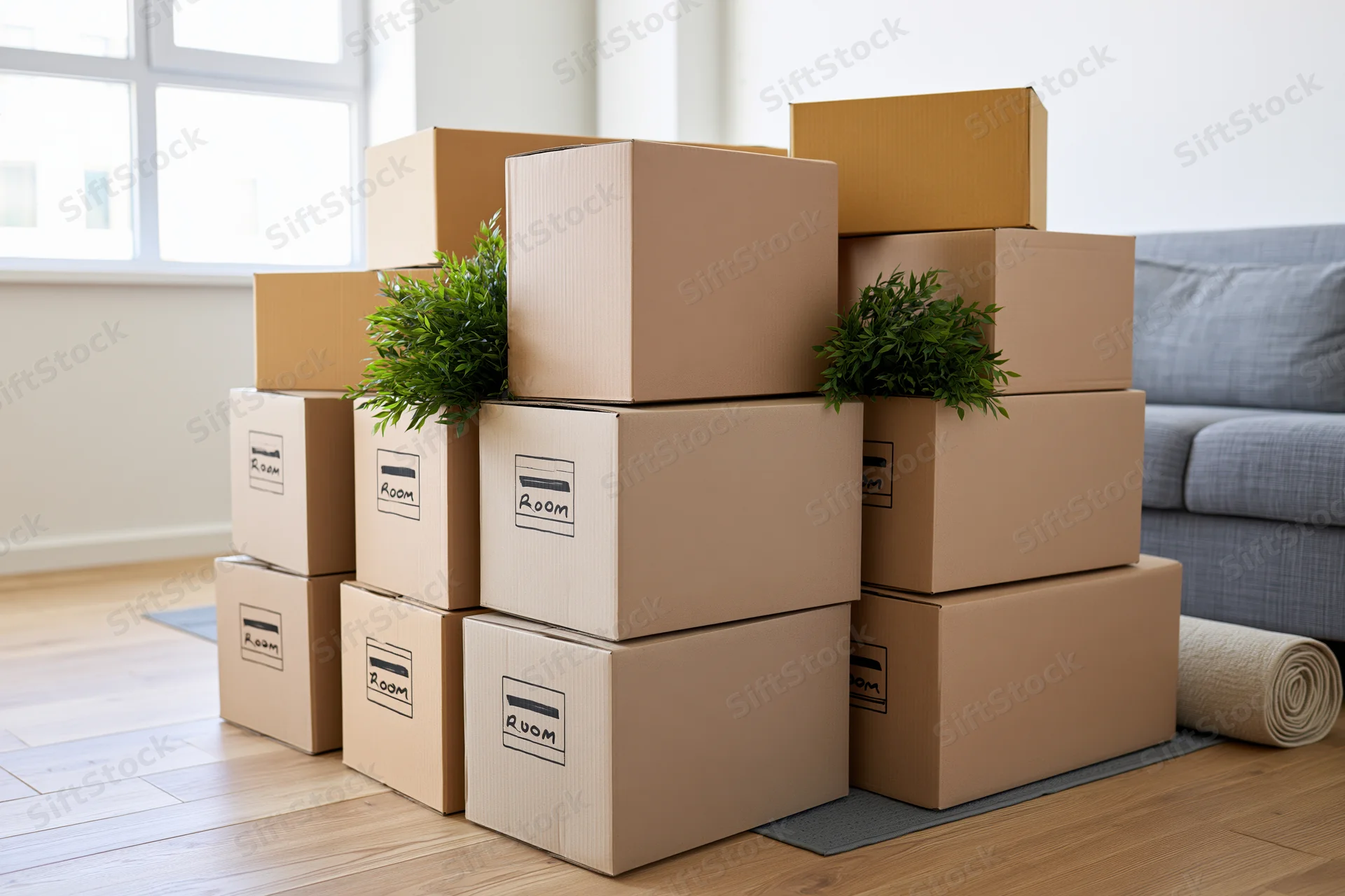 Stack of labeled cardboard moving boxes arranged in a living room with a sofa and window