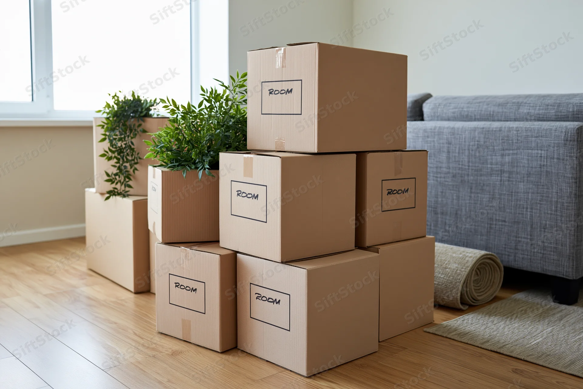 Stack of labeled cardboard moving boxes arranged on wooden floor in living room with sofa and plant nearby