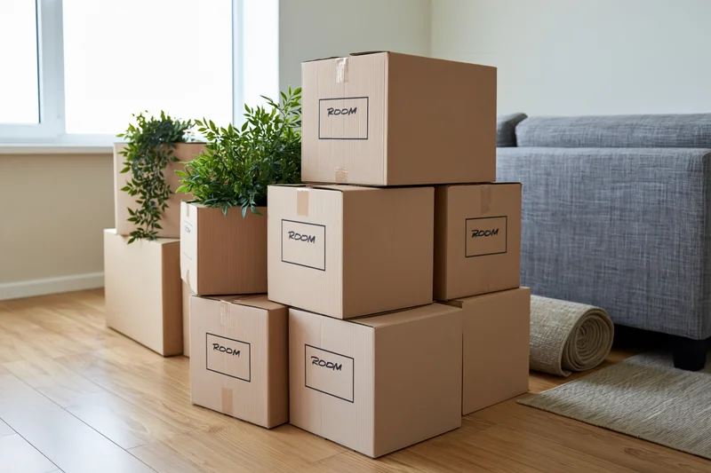 Stack of labeled cardboard moving boxes arranged on wooden floor in living room with sofa and plant nearby