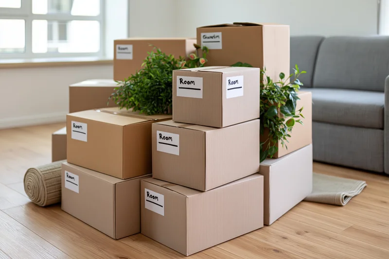 Stack of labeled cardboard moving boxes arranged on wooden floor in living room with couch and plants