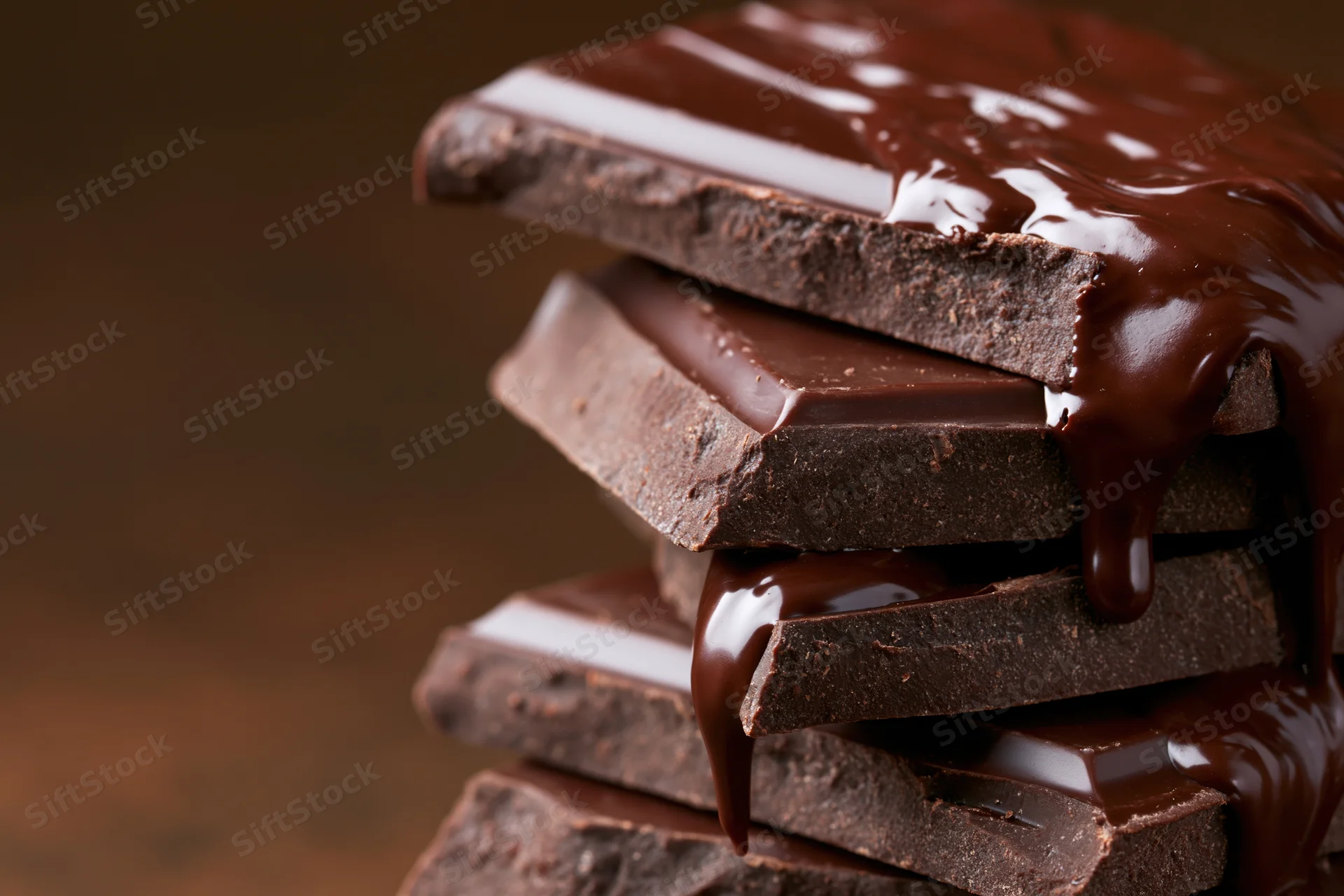 Stacked dark chocolate squares with melted chocolate dripping down the sides