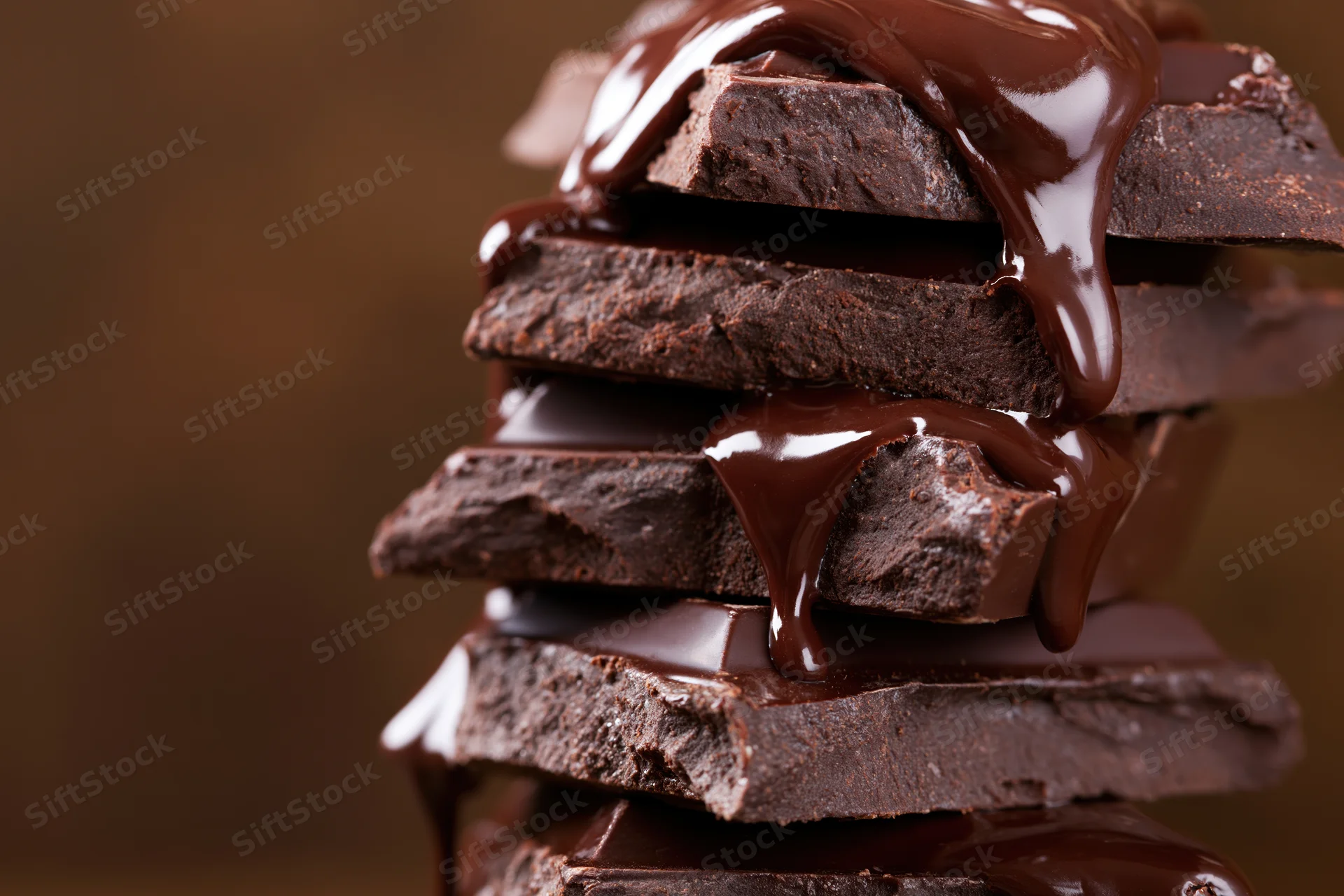 Stacked broken dark chocolate squares with melted chocolate dripping over them