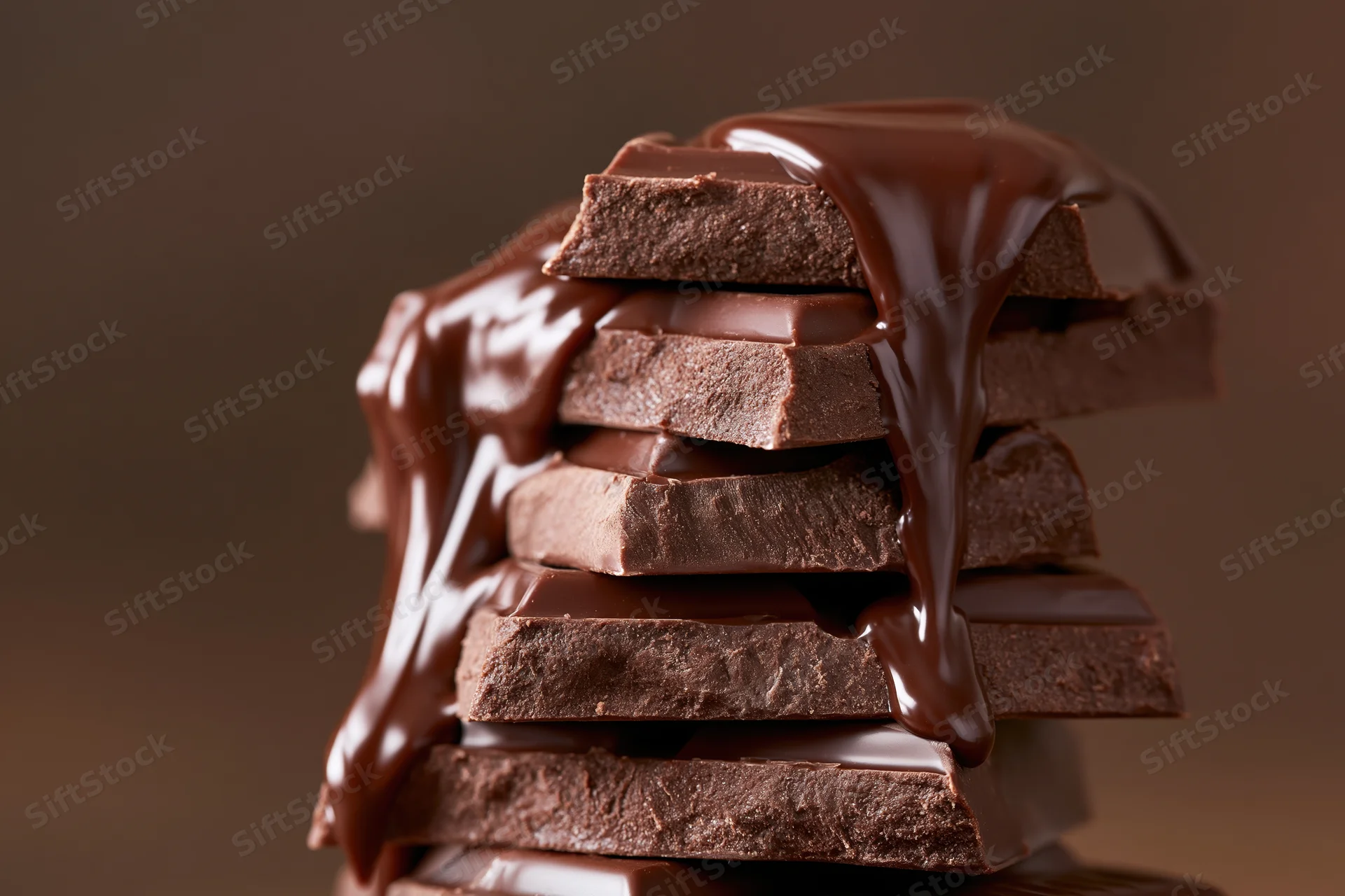 Stack of broken dark chocolate squares with melted chocolate dripping over them