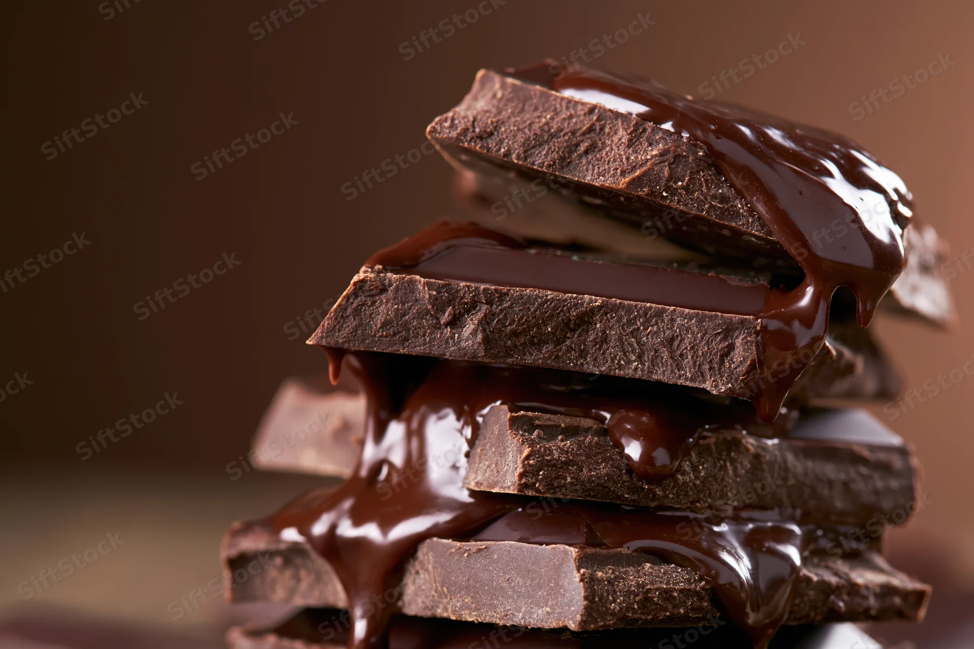Broken dark chocolate squares stacked with melted chocolate dripping over them