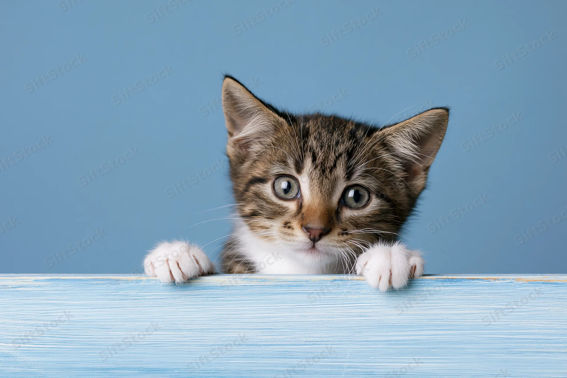 Tabby kitten peeking over edge of pale blue painted wooden surface