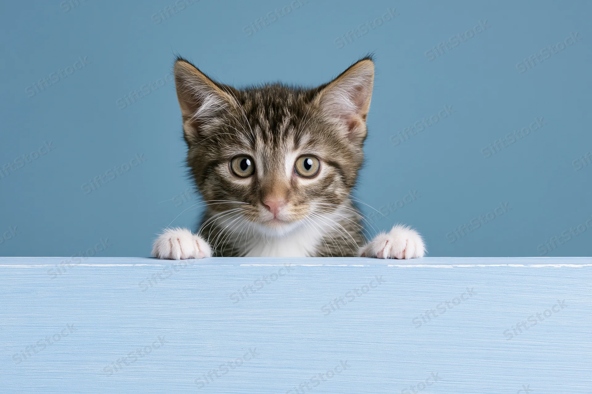 Tabby kitten peeking over edge of pale blue painted wooden surface