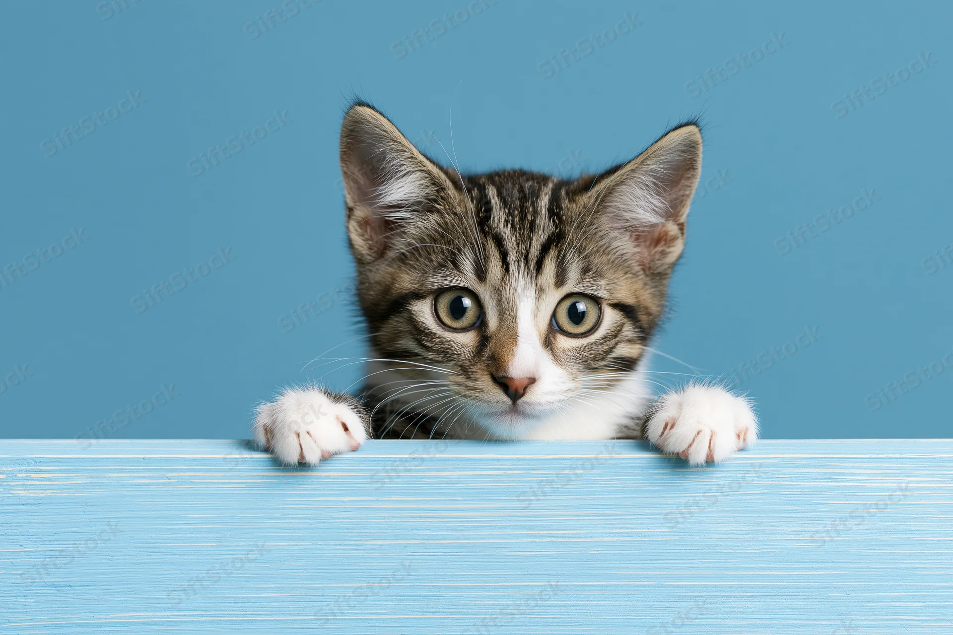 Tabby kitten peeking over edge of pale blue painted wooden surface