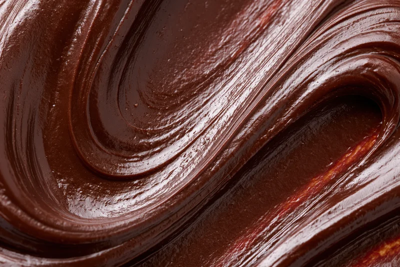 Thick dark chocolate ganache in smooth flowing swirls closeup