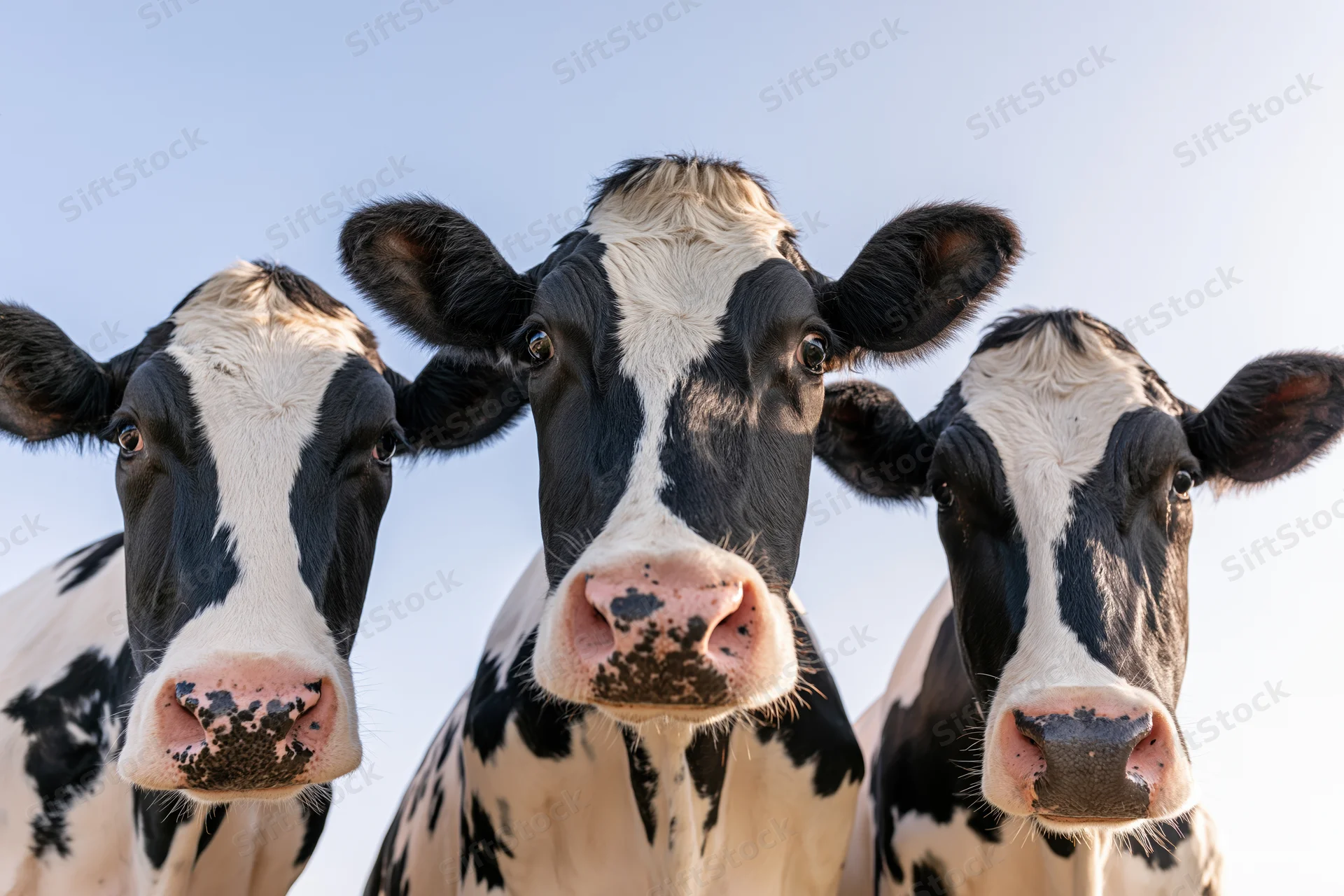 Three holstein dairy cows facing camera in closeup against blue sky