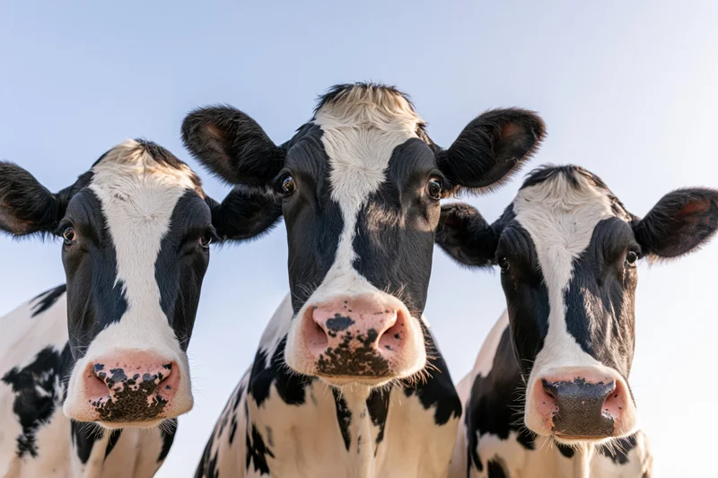 Three holstein dairy cows facing camera in closeup against blue sky