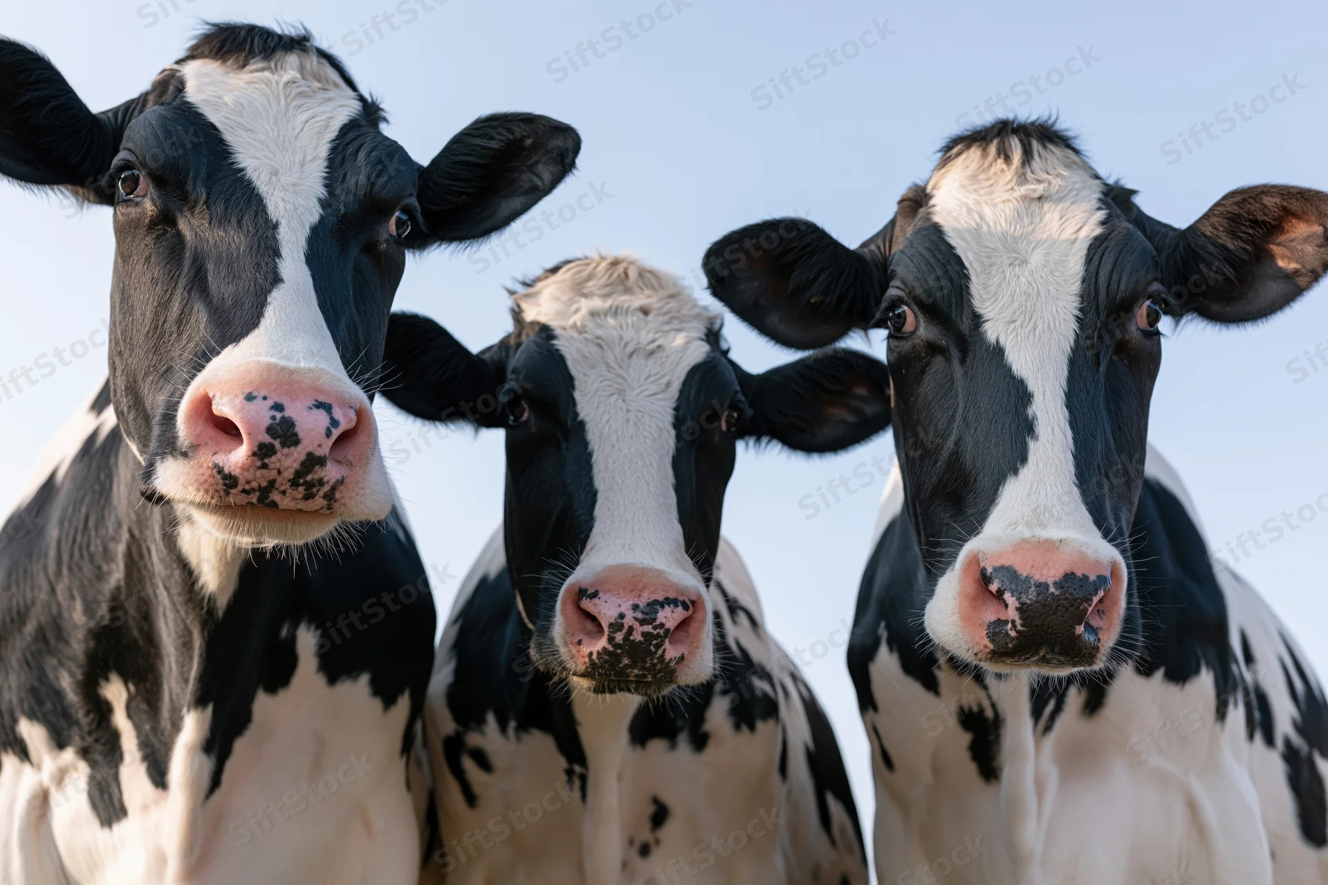 Three holstein dairy cows looking directly at the camera against a clear blue sky