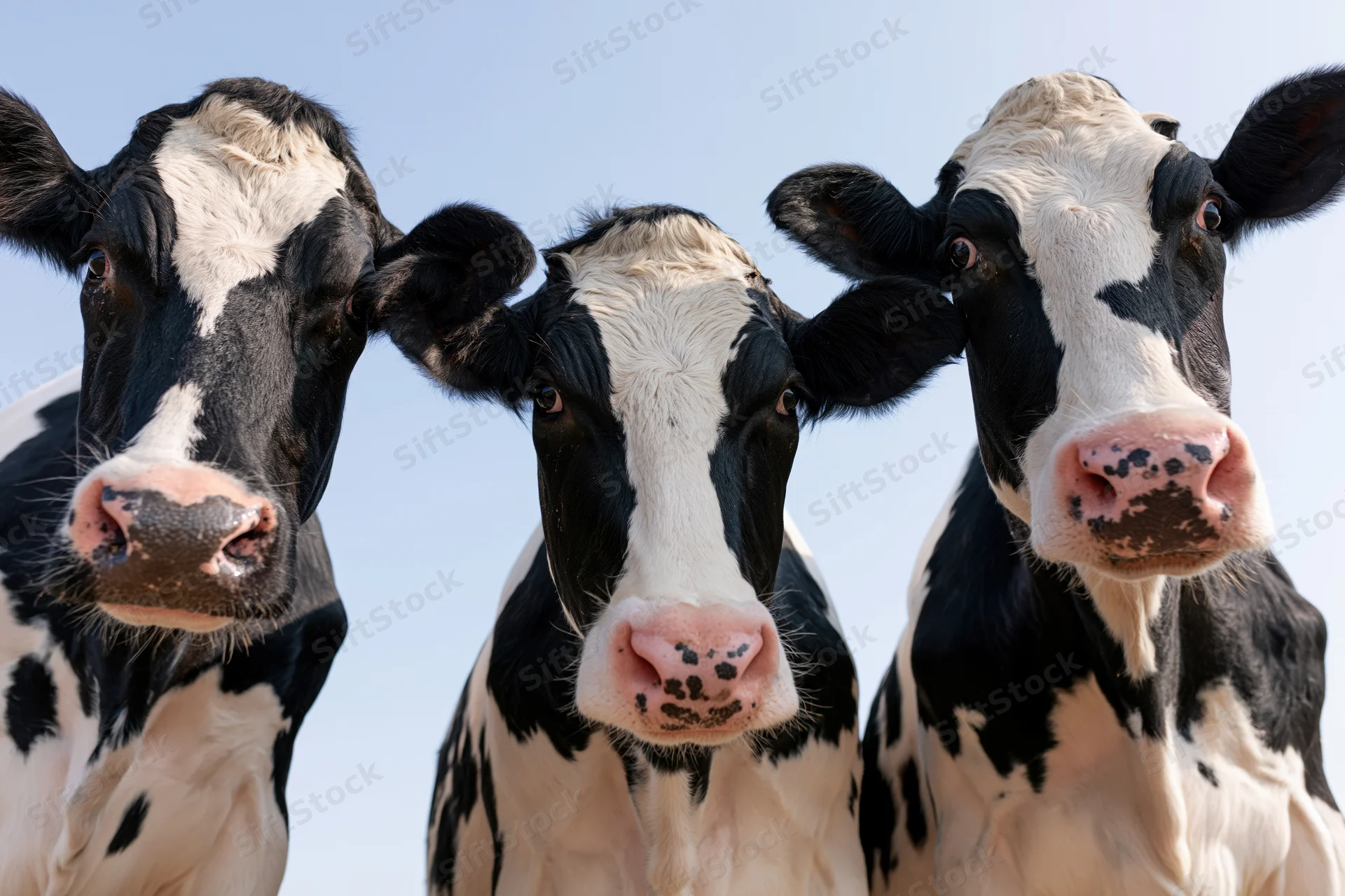 Three holstein dairy cows facing camera in a field under blue sky
