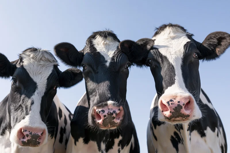 Three holstein dairy cows facing camera in outdoor pasture under blue sky