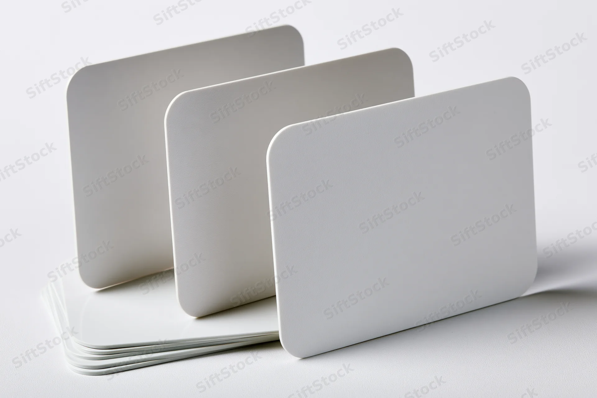 Blank white rounded-corner cards standing upright on a stack against a white background