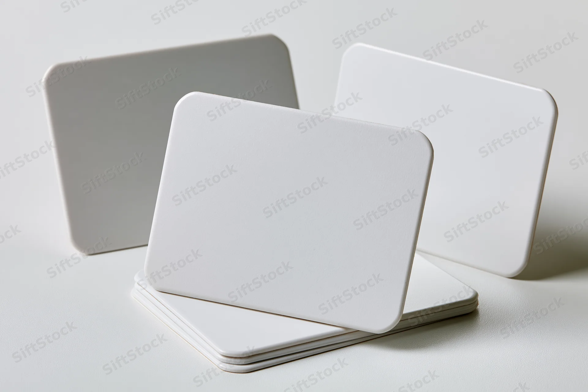 Blank white rounded-corner cards standing upright in a stack on a white surface