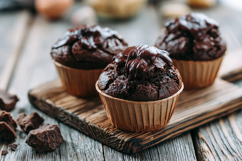 Three dark chocolate muffins with chocolate glaze on a wooden board
