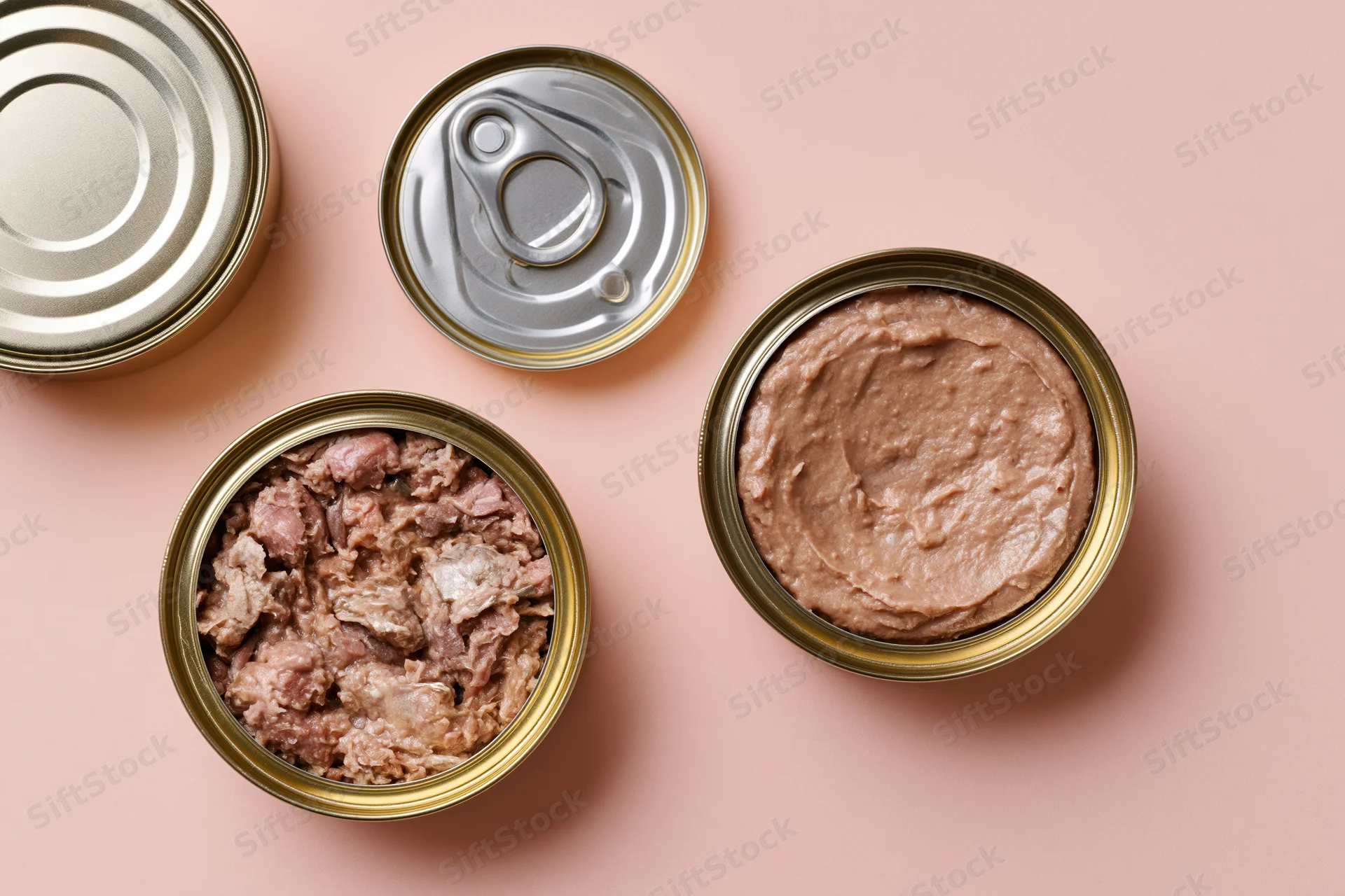 Open tin cans of wet pet food arranged on a pink surface in flat lay view