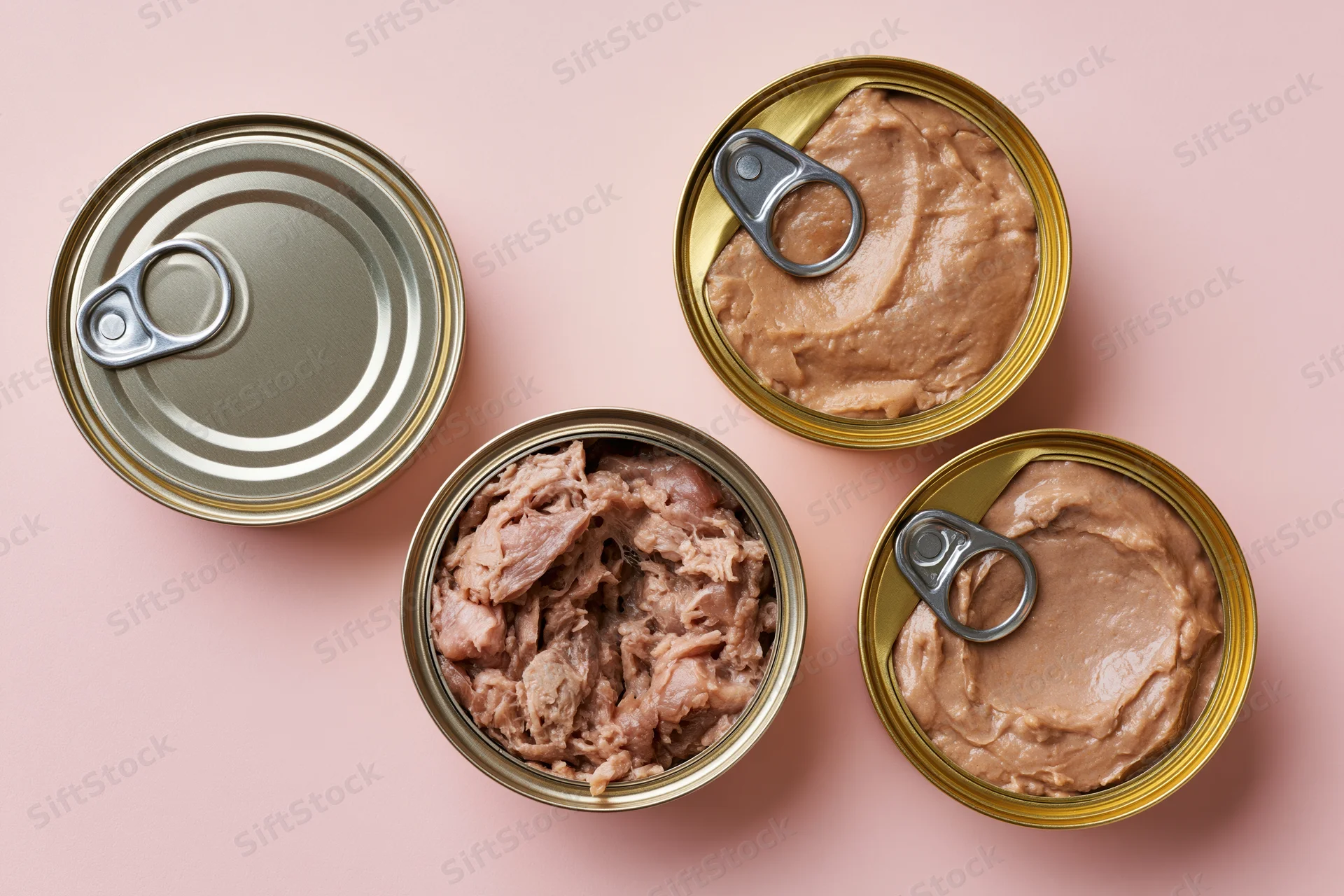 Open tin cans of wet pet food arranged on a pink surface in flat lay view