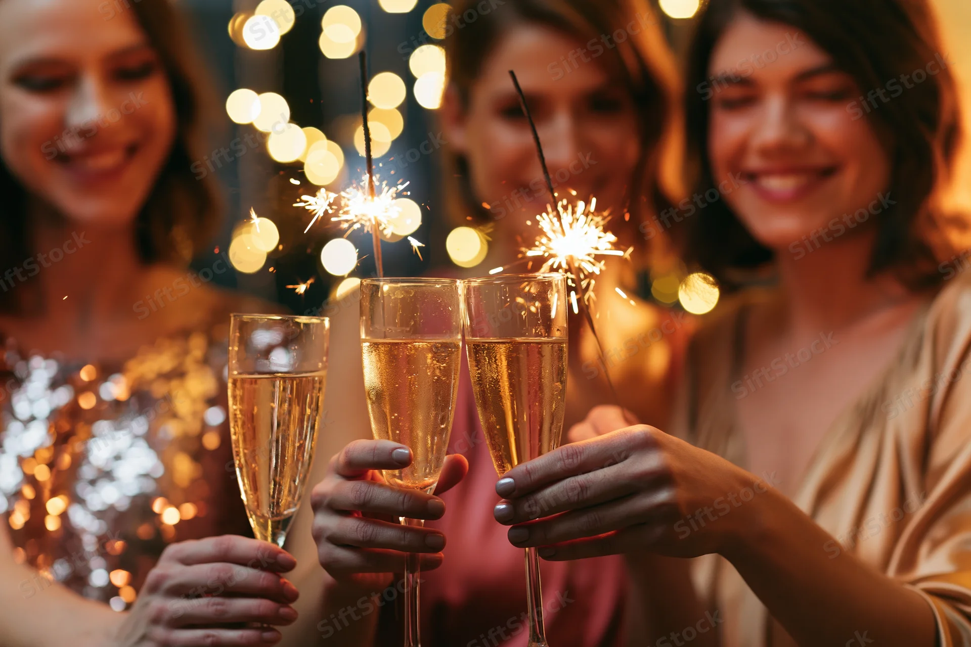 Three women toasting with champagne flutes and sparklers at a festive evening party