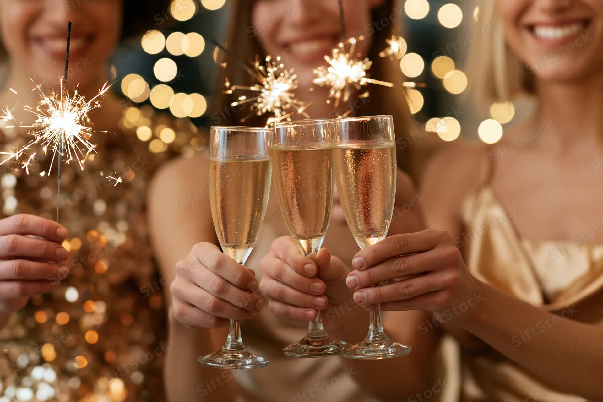 Three women toasting with champagne flutes and sparklers at a festive party