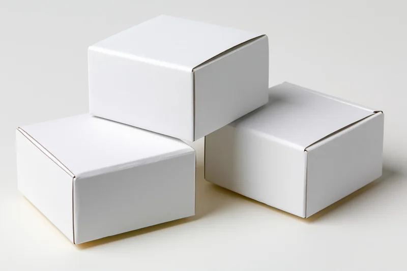 Three plain white cardboard boxes arranged in a cluster on a white surface