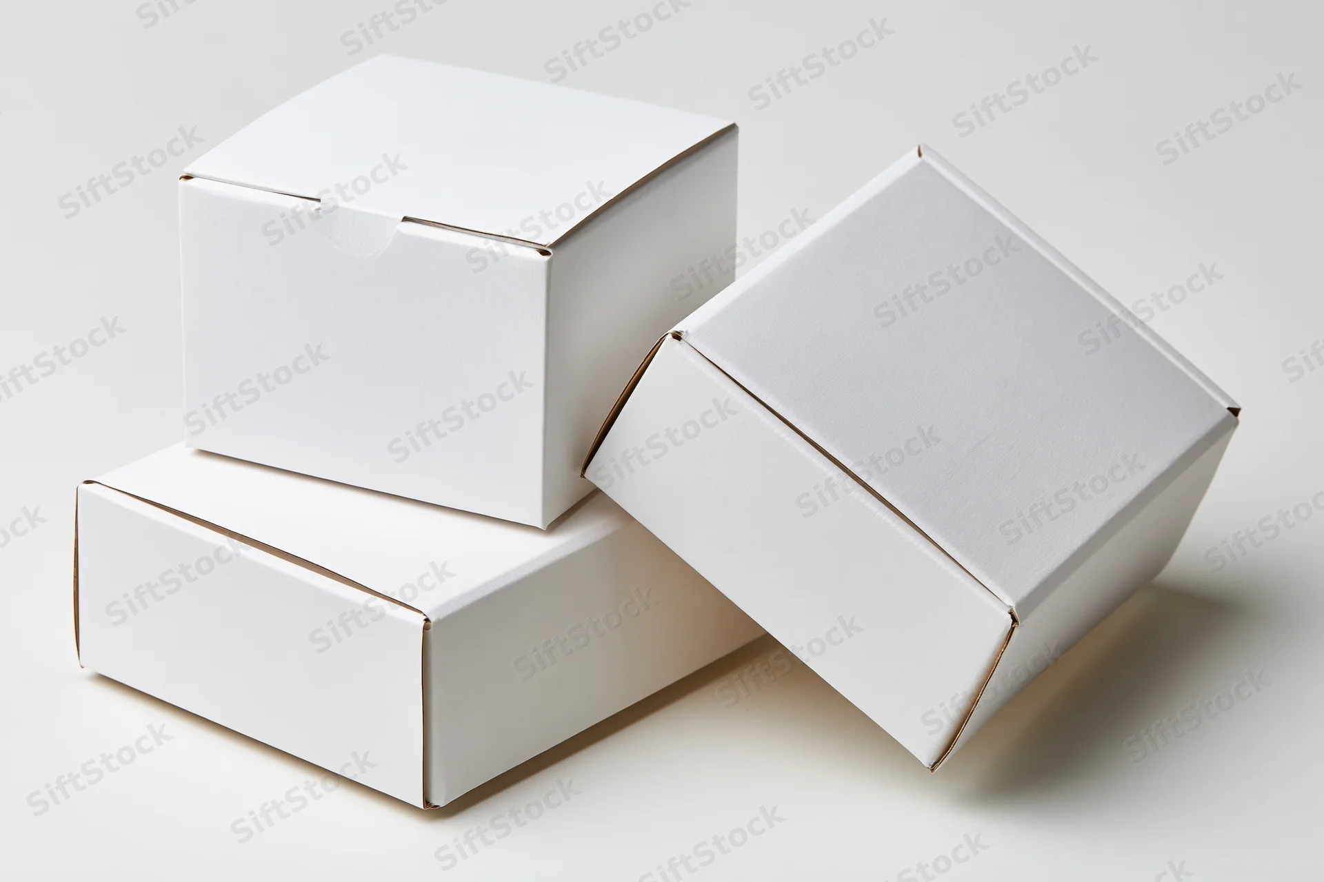 Three plain white cardboard boxes arranged in a casual stack on a white surface