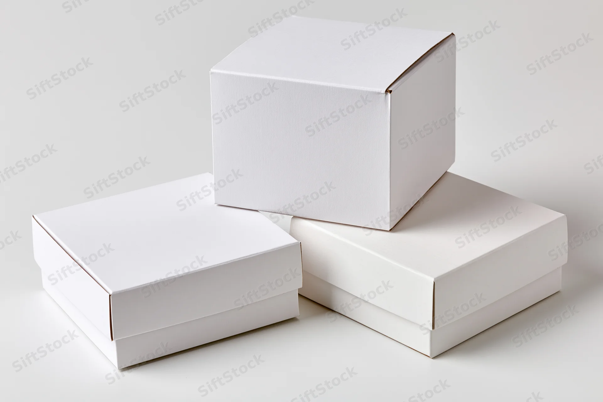Three plain white cardboard boxes arranged in a casual stack on a white surface