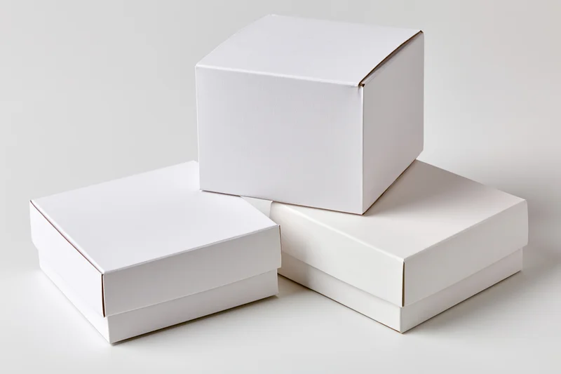 Three plain white cardboard boxes arranged in a casual stack on a white surface
