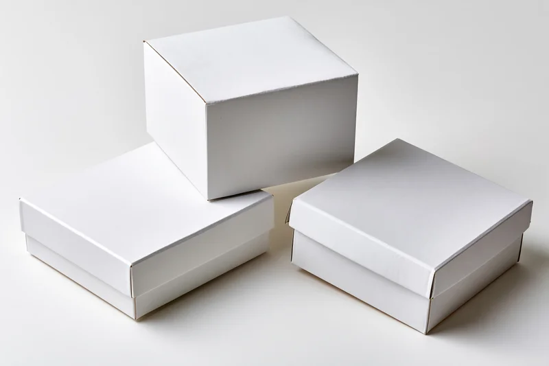 Three plain white cardboard boxes arranged in a casual cluster on a white surface