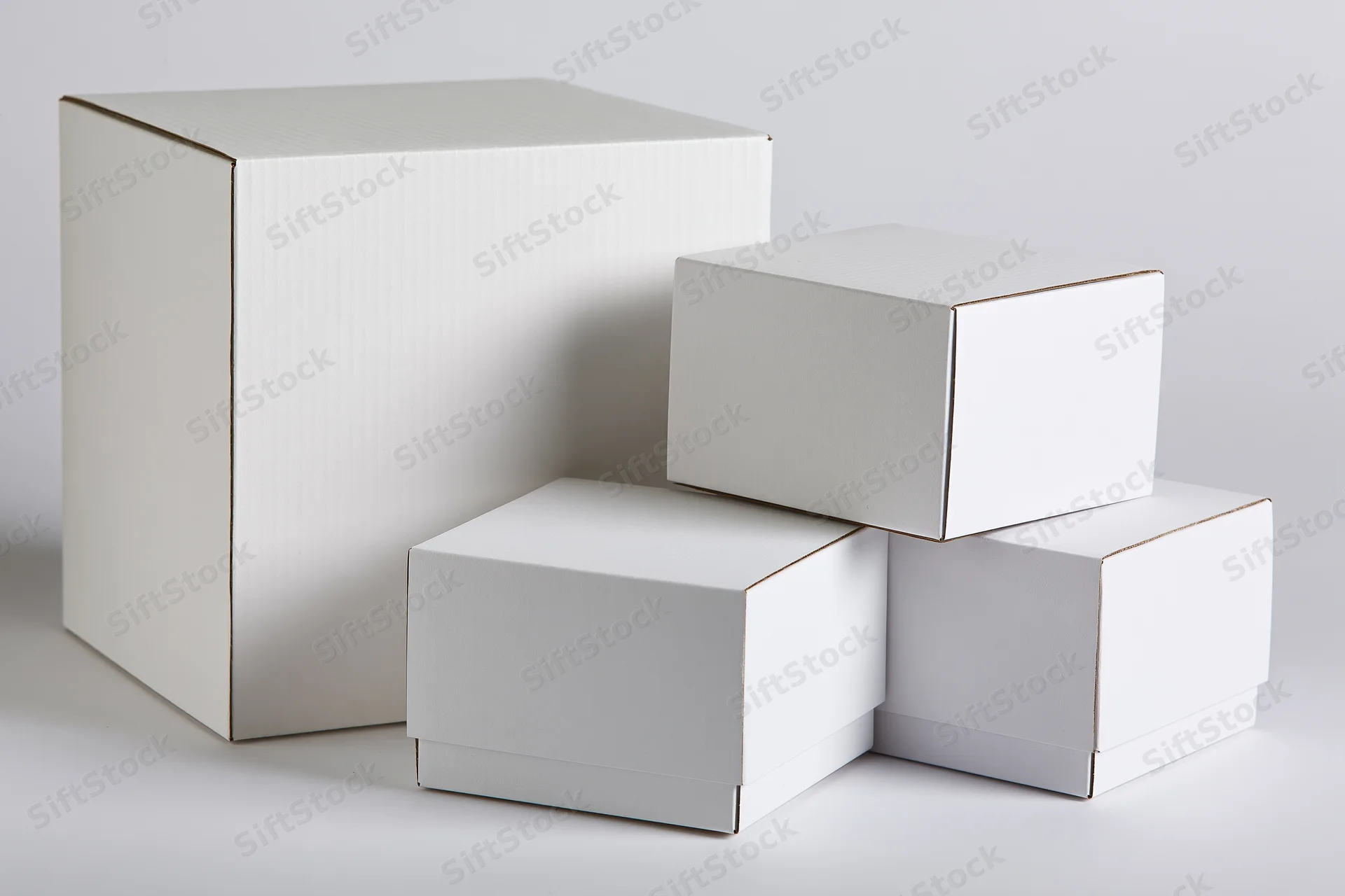 Plain white cardboard boxes arranged in a stack on a light surface