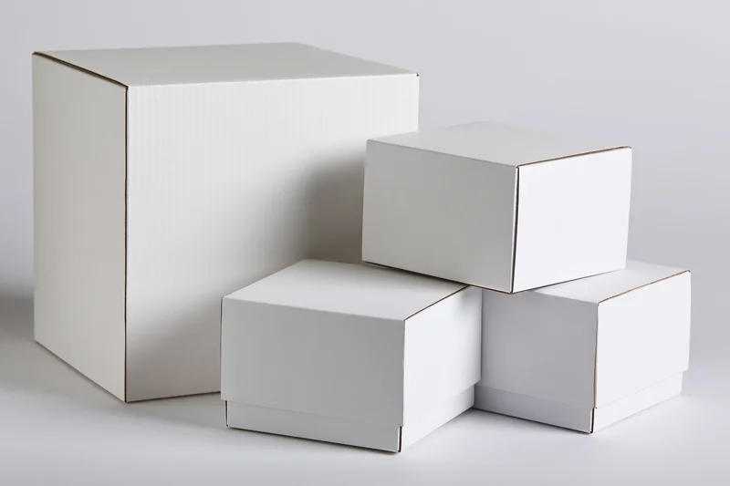 Plain white cardboard boxes arranged in a stack on a light surface