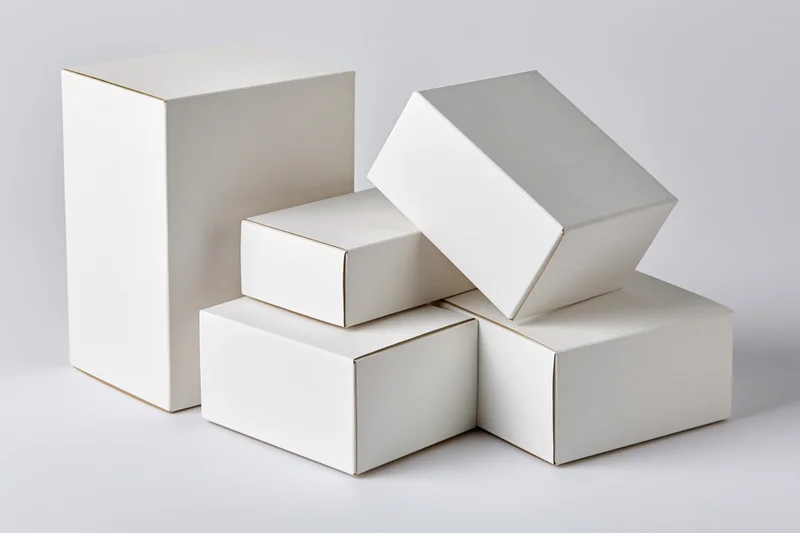 Plain white cardboard boxes arranged in a stack on a light surface