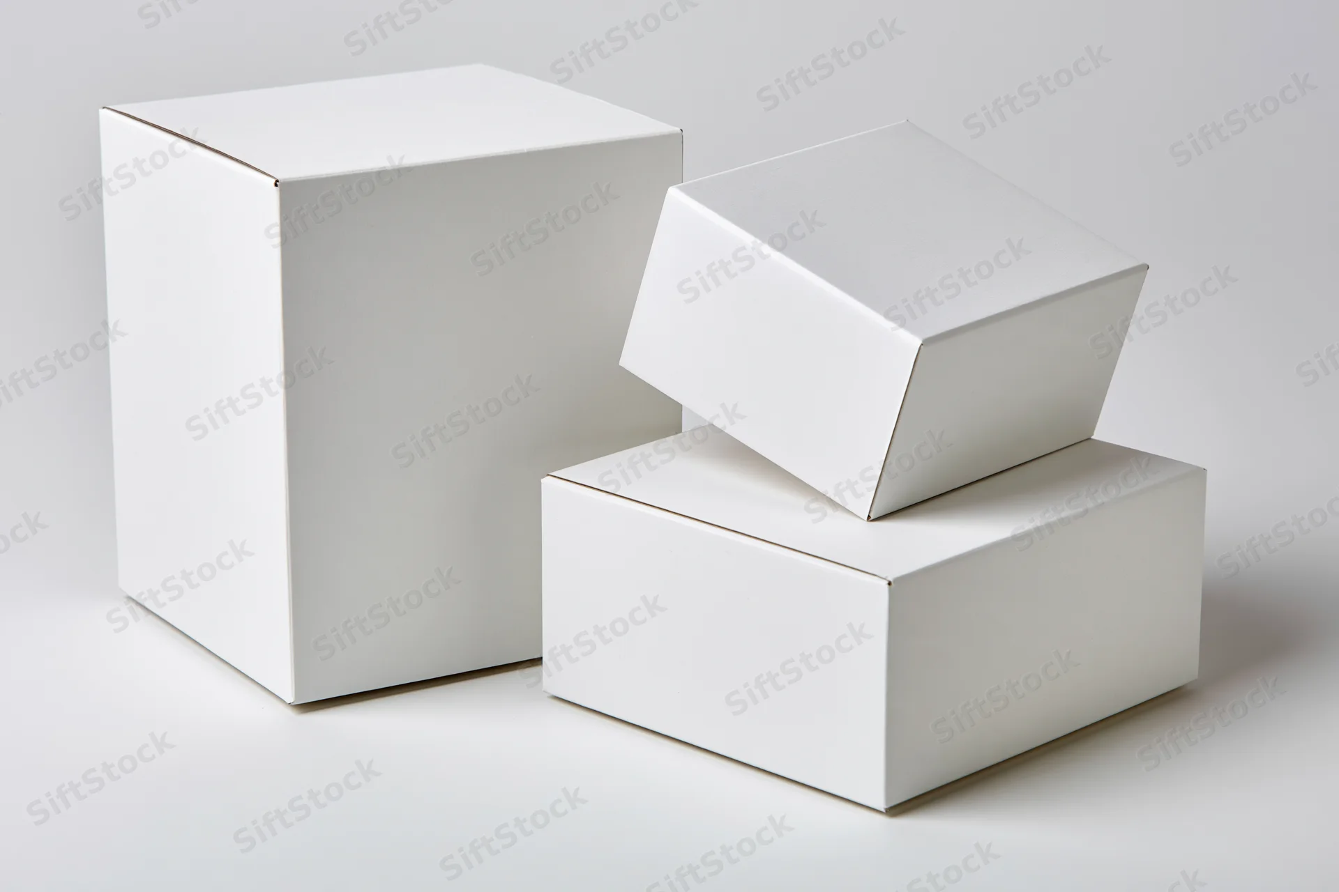 Three plain white cardboard boxes arranged in a studio setting with one stacked on another and a third beside them