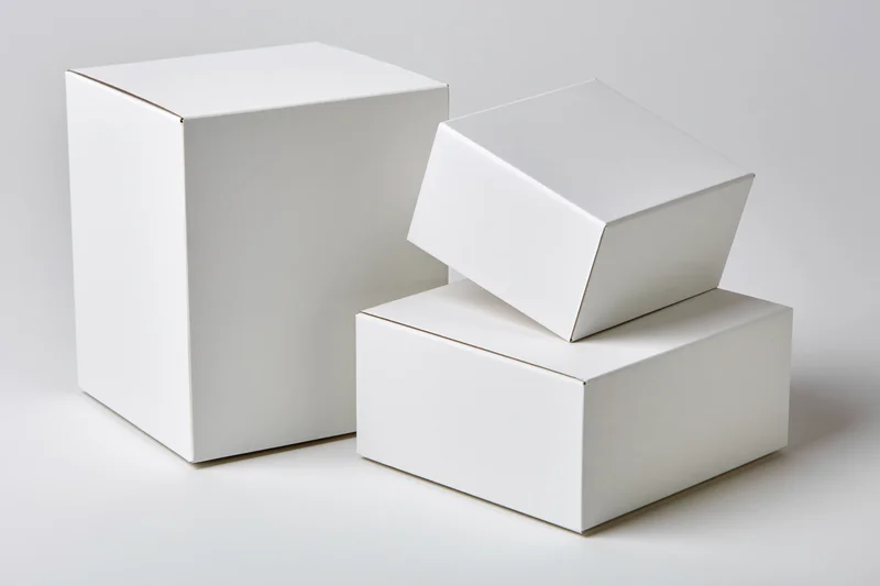 Three plain white cardboard boxes arranged in a studio setting with one stacked on another and a third beside them
