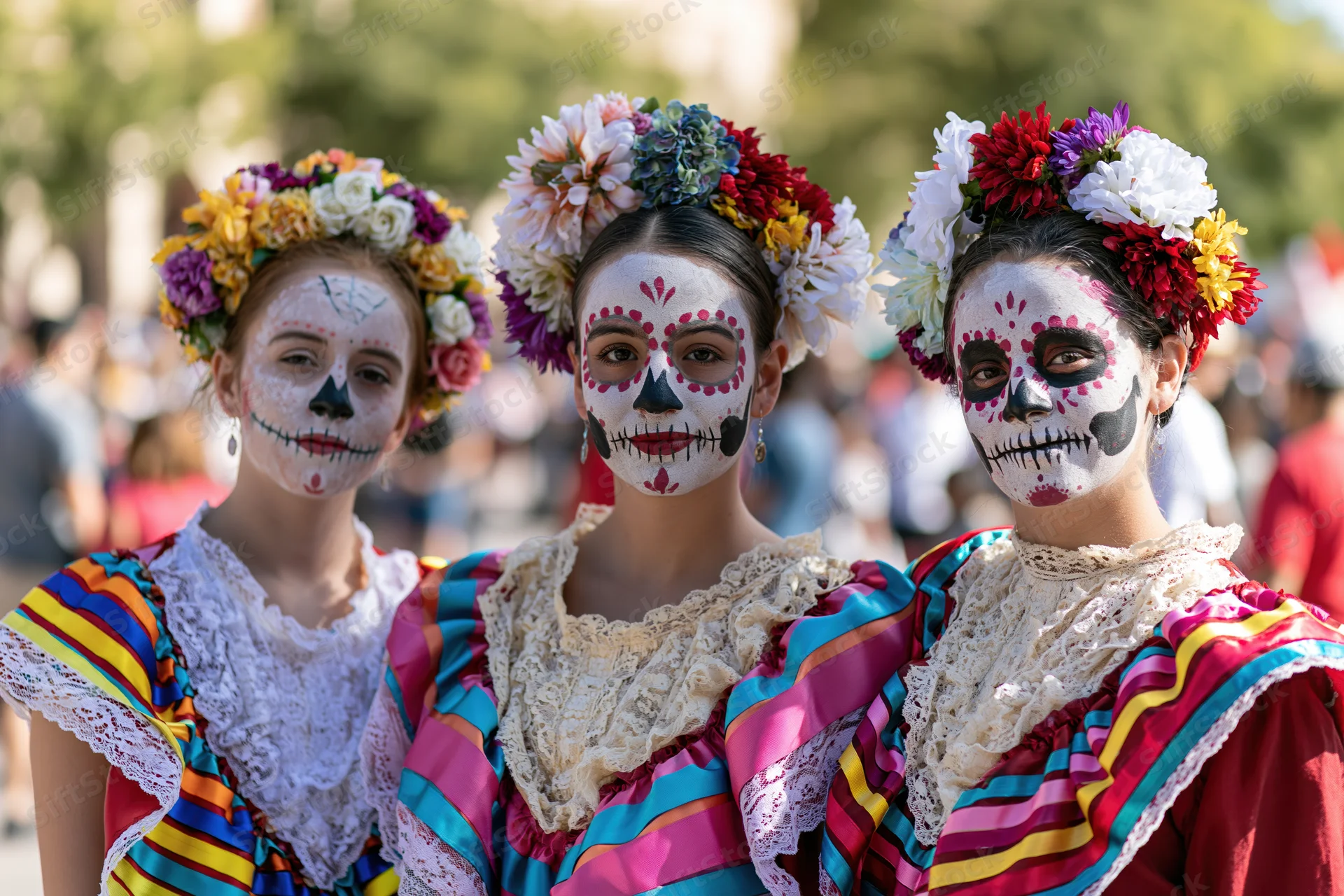 Three women with skull face paint and floral crowns at a day of the dead celebration