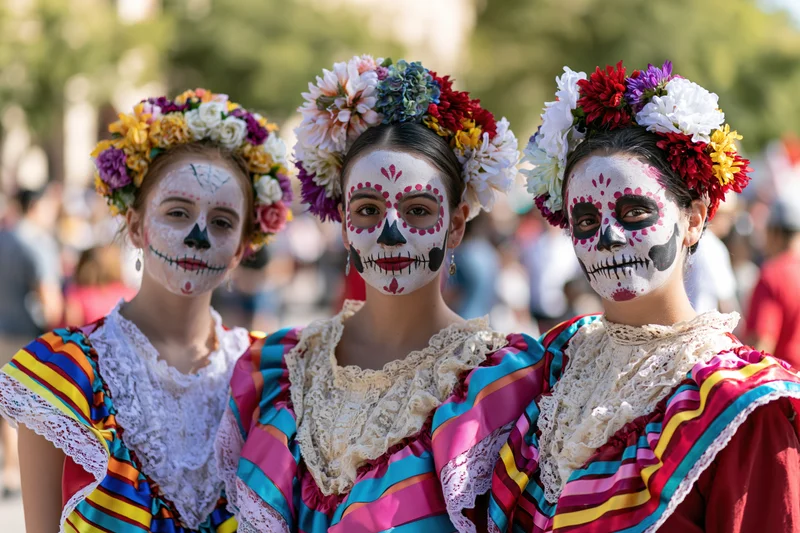 Three women with skull face paint and floral crowns at a day of the dead celebration