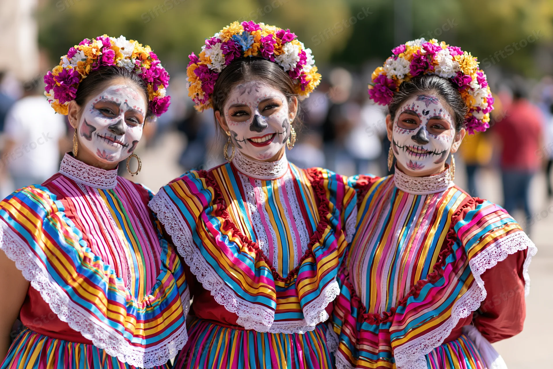 Three women with skull face paint and floral crowns in colorful striped dresses outdoors