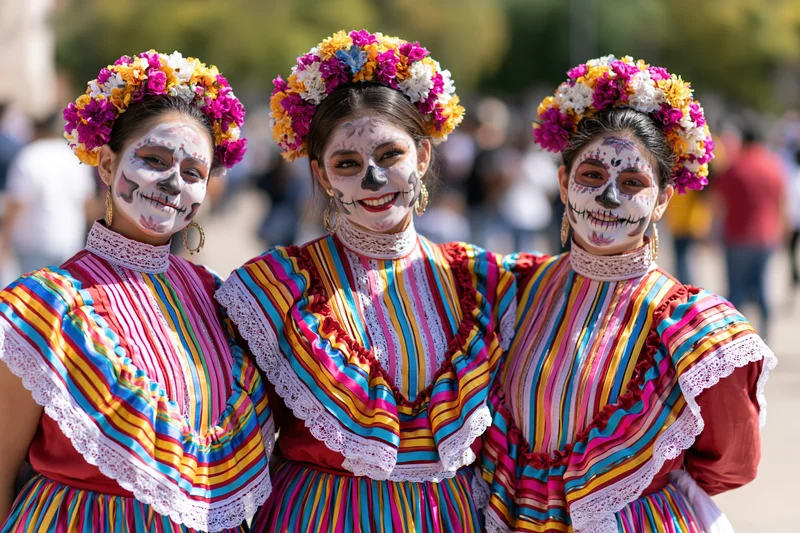 Three women with skull face paint and floral crowns in colorful striped dresses outdoors